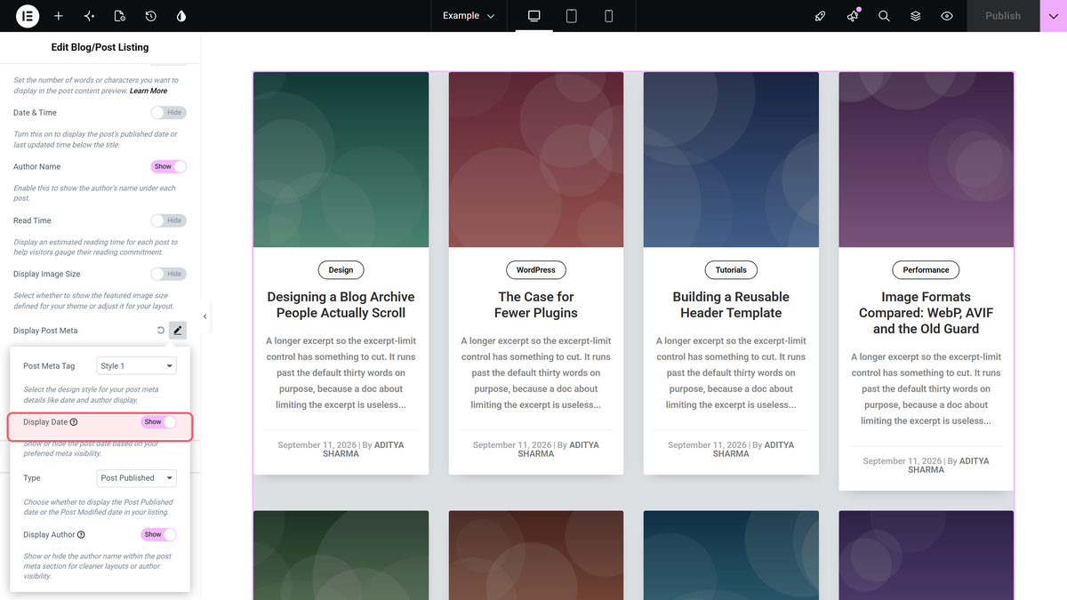How to Hide Blog Post Date in Elementor Blog Posts? The display date switch inside the display post meta options
