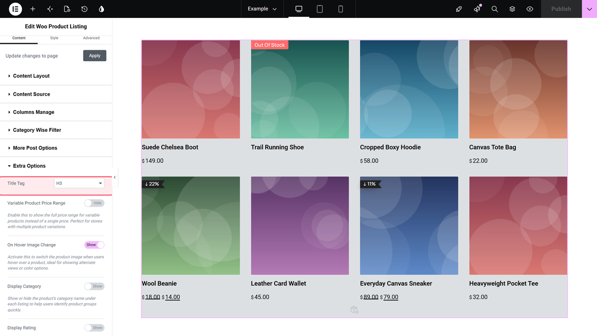 Product Listing Widget Settings Overview The extra options section of the woo product listing widget