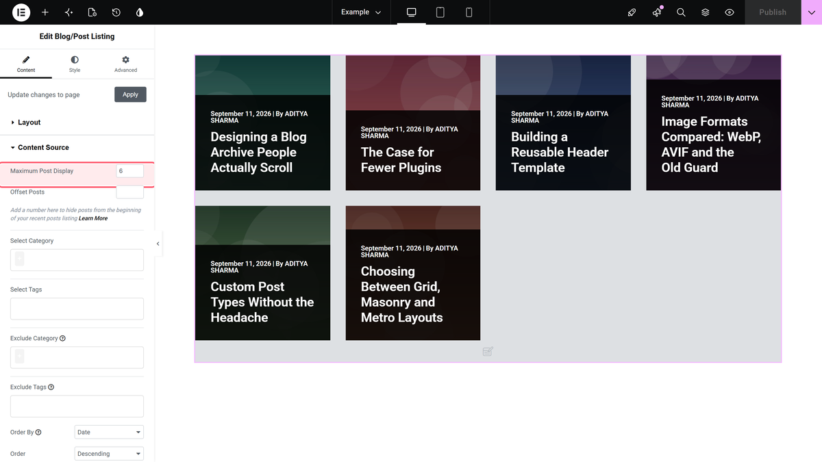 How to Add Pagination in Blog Posts in Elementor? The maximum post display field in content > content source