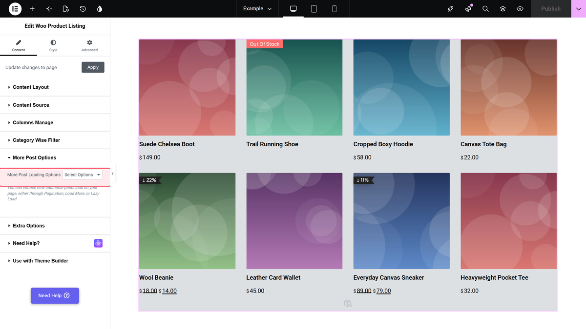 Product Listing Widget Settings Overview The more post options section of the woo product listing widget