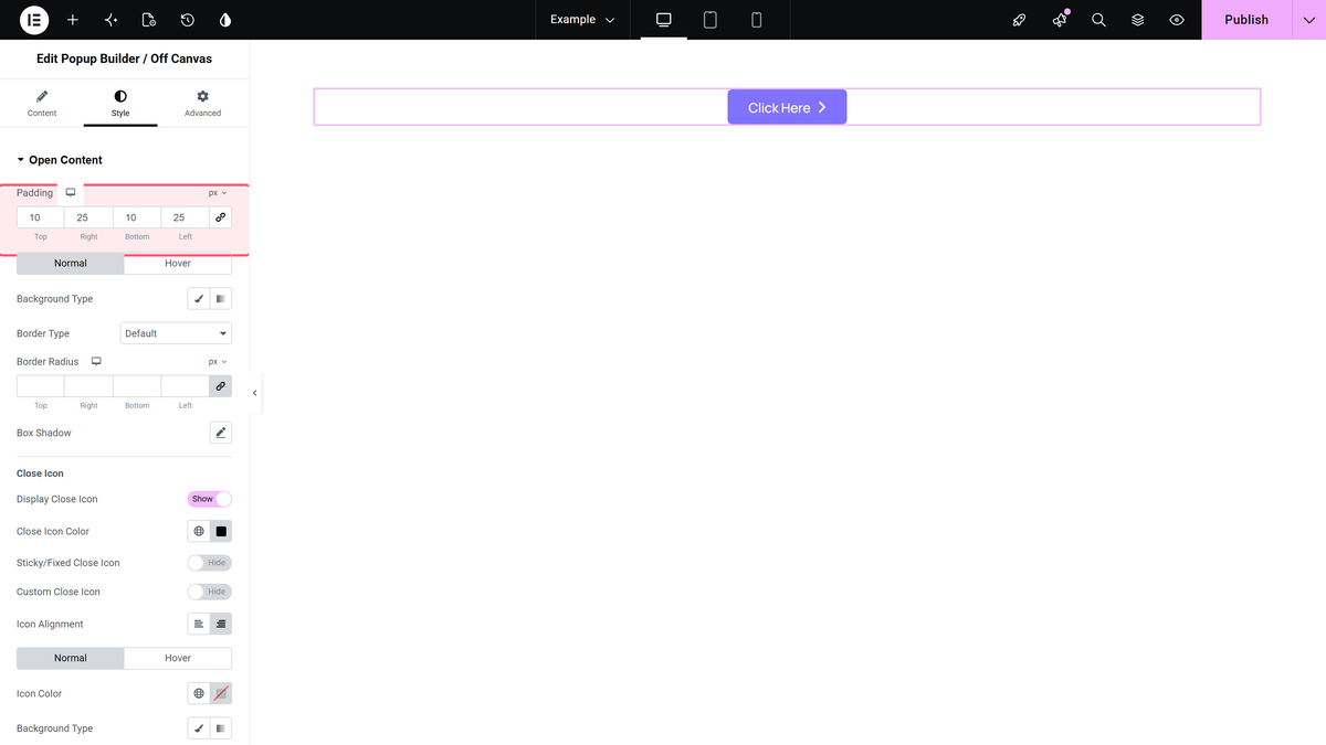The open content section on the style tab of the popup builder widget