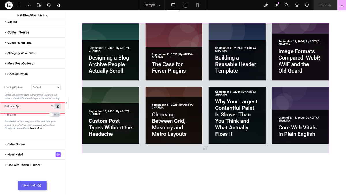 The preloader options in content > special option