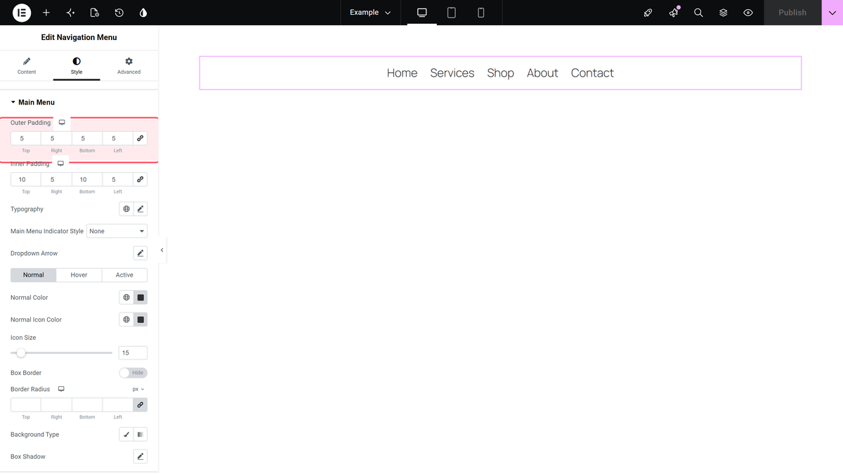 Navigation Menu Widget Settings Overview The style tab sections of the navigation menu widget