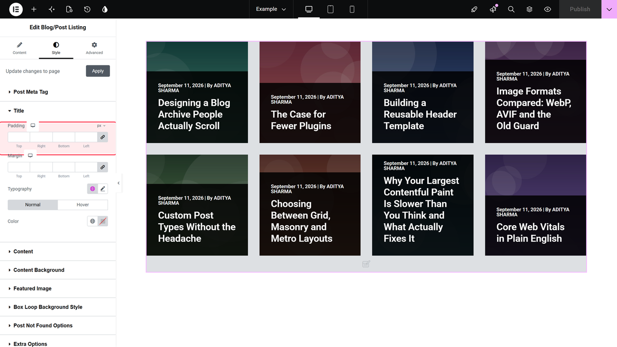 The title section on the style tab of the blog listing widget
