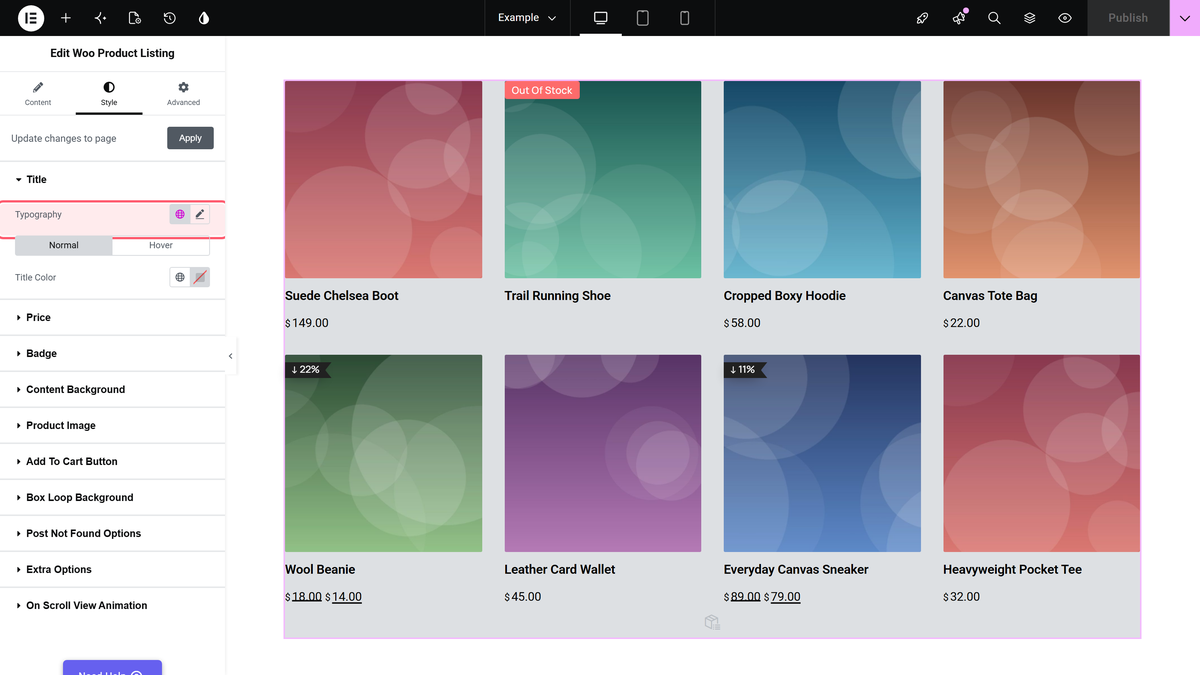 Product Listing Widget Settings Overview The title section on the style tab of the woo product listing widget