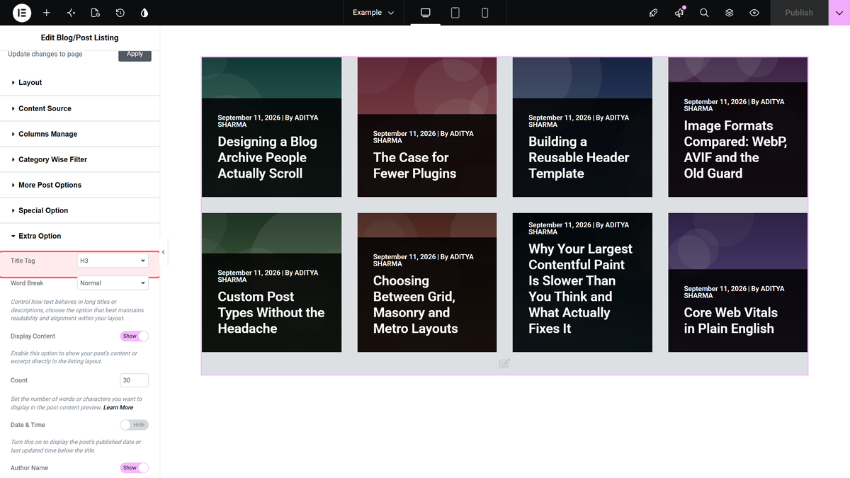 Title tag in the extra option section of the blog listing widget
