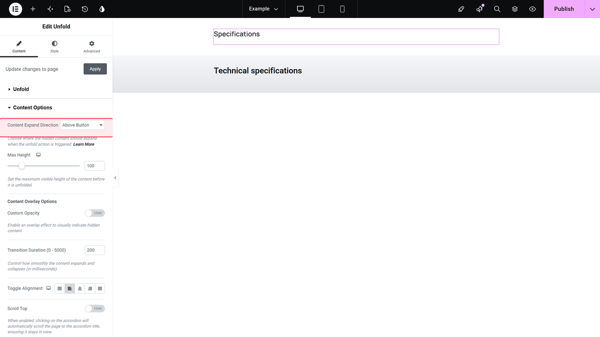 Content expand direction set to above button in the content options section of the unfold widget