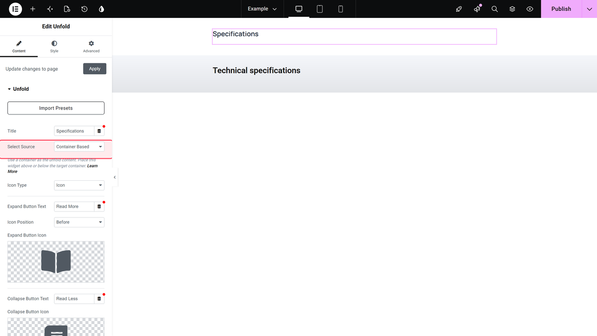 Select source set to container based in the unfold widget, with the specifications container below it