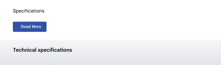 A specifications container cut to 100 pixels with a fade, below a read more button on the live page