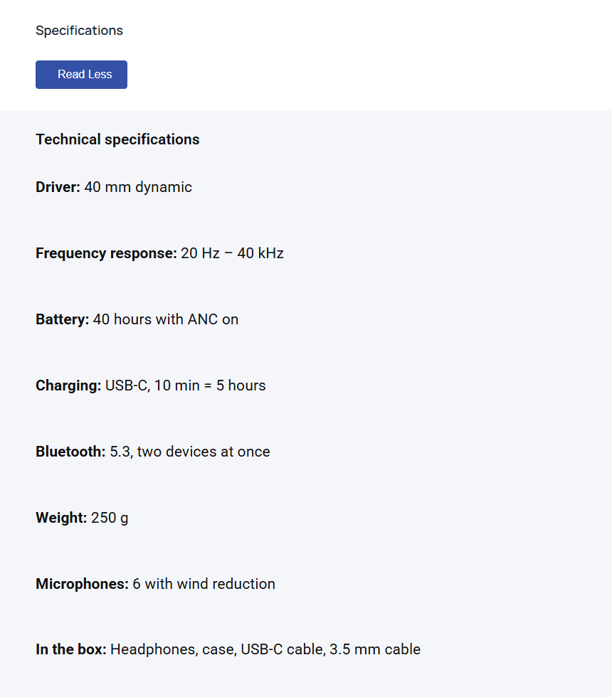 The specifications container fully open below a read less button on the live page