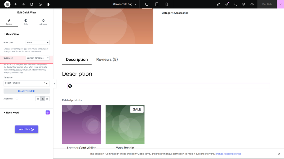 Quickview dropdown set to custom template