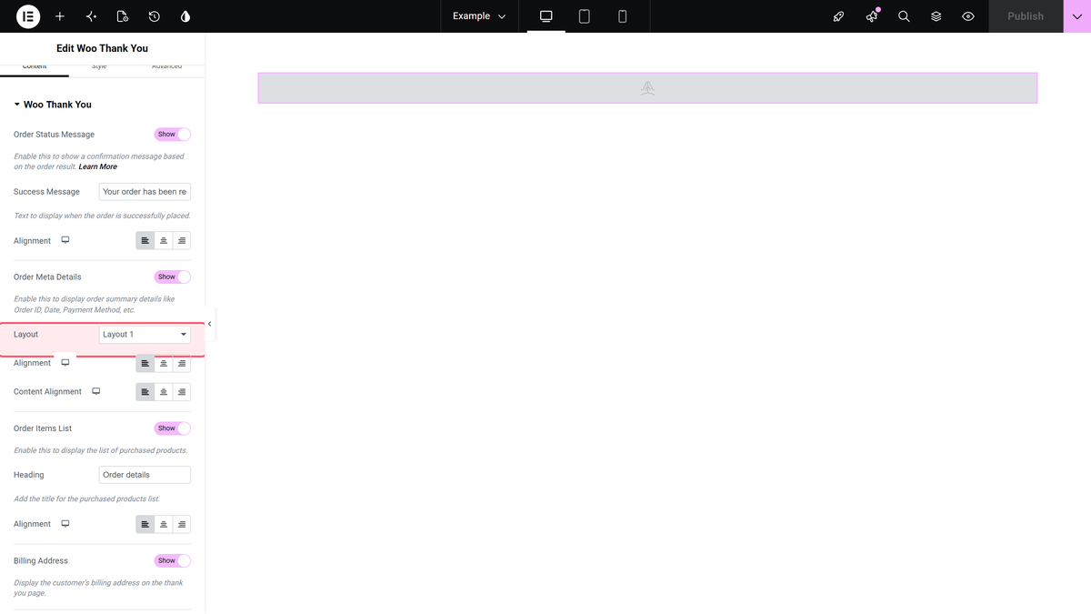 How to Edit WooCommerce Thank You Page in Elementor? Layout dropdown, layout 1 vs layout 2