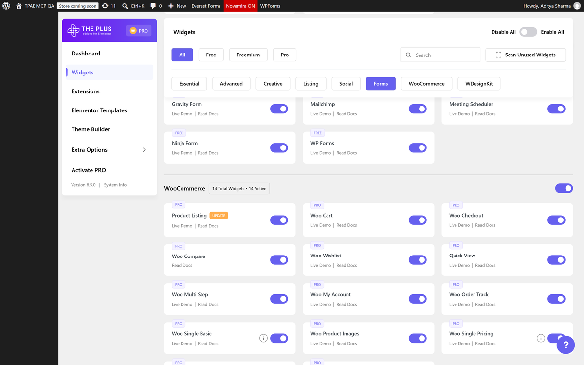 Woo Builder Settings Overview The plus addons widgets panel with the woo builder widgets