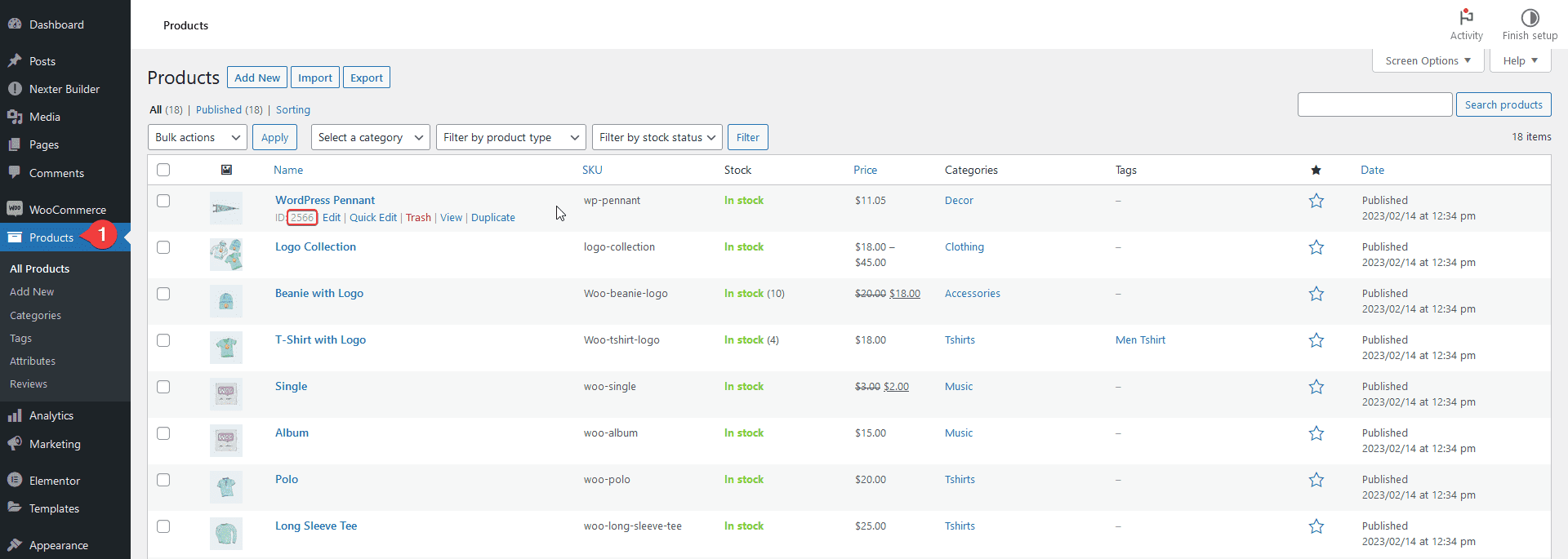 A product id shown when hovering over a product in the woocommerce list