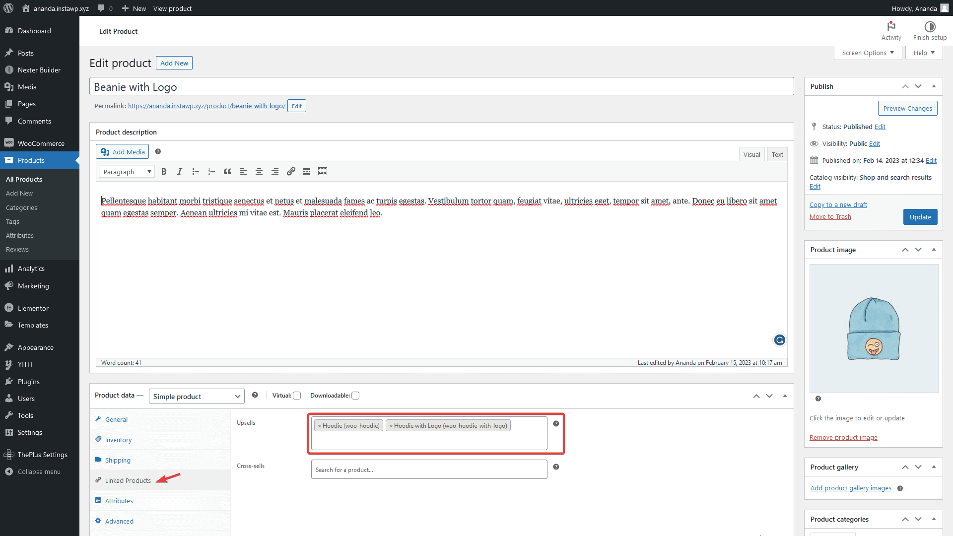 The upsells field in woocommerce linked products