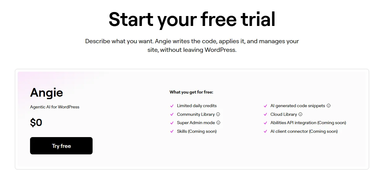 Angie free plan card on elementor's product page listing daily credits, super admin mode and coming soon items