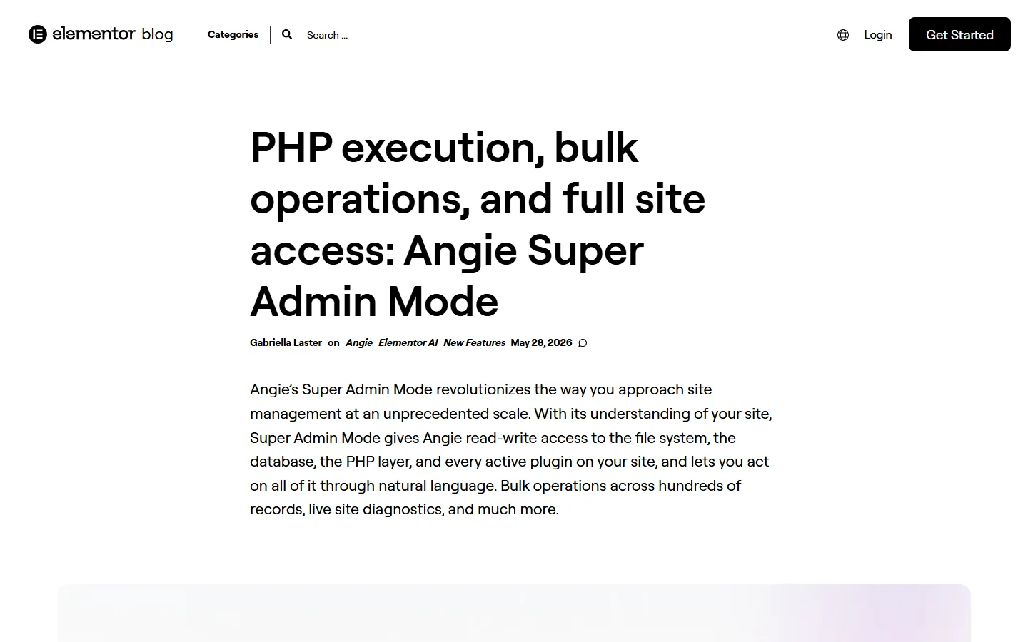 Elementor blog post announcing angie super admin mode, dated may 28, 2026