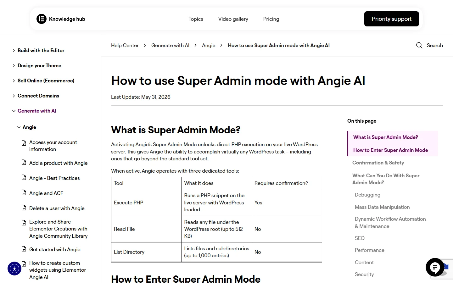 Elementor help article on super admin mode with angie showing the three tools and which need confirmation