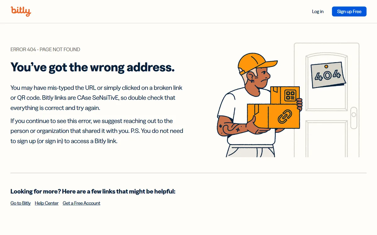 404 Page Examples: 20 Designs That Win Back Lost Visitors (And How To Build One In Elementor) Bitly 404 page explaining that links are case sensitive, with an illustrated courier and helpful links