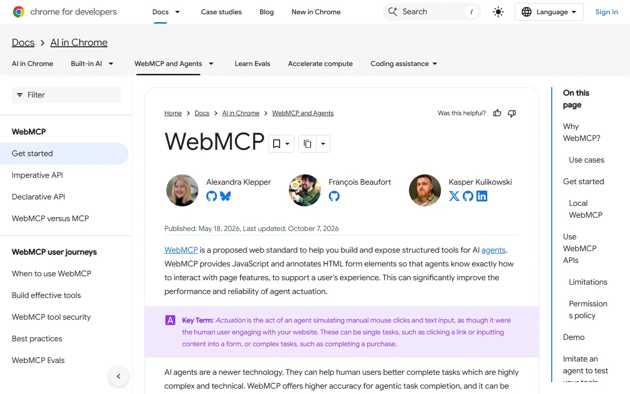 Chrome for developers webmcp documentation page describing a proposed web standard