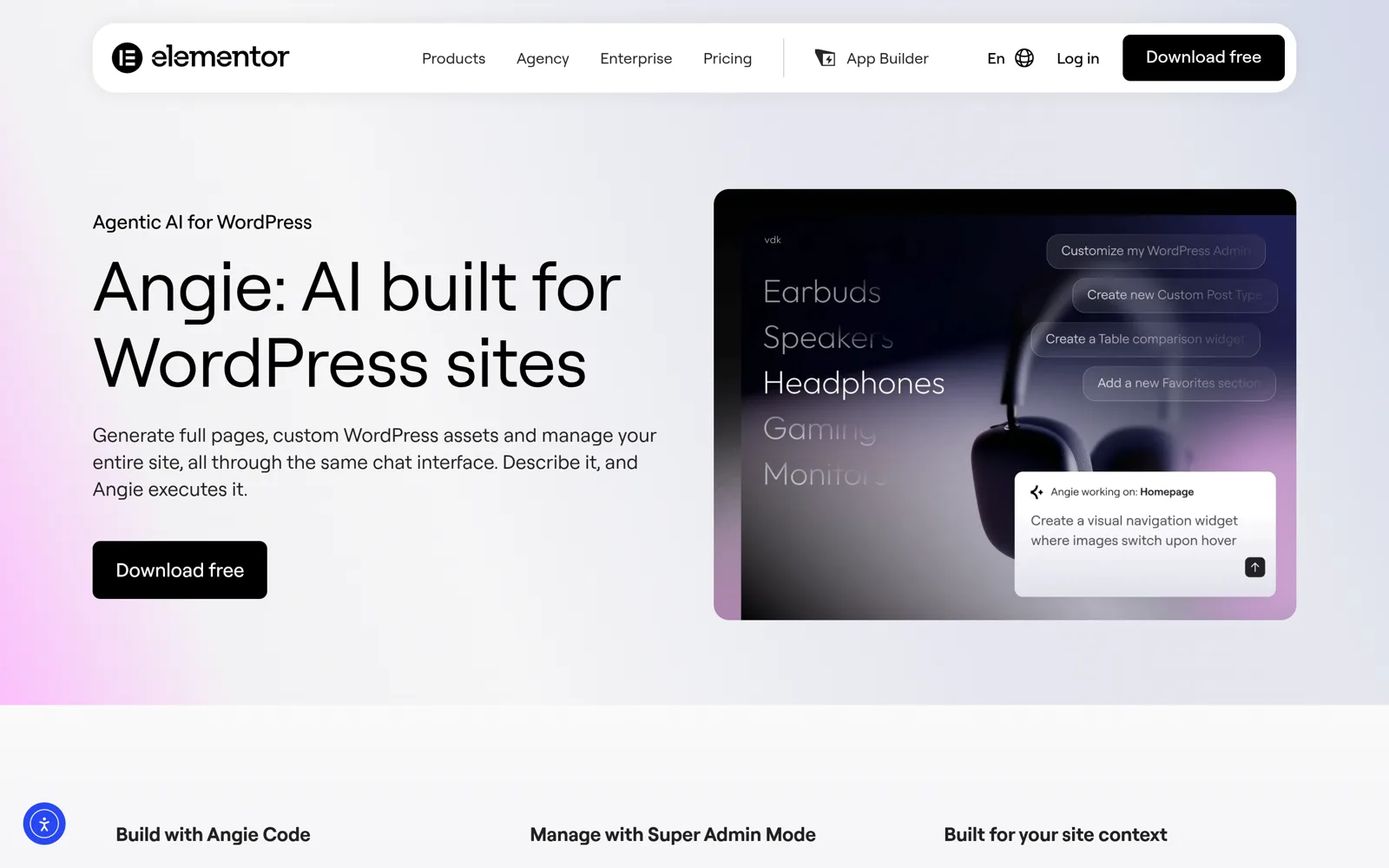 Elementor angie product page, agentic ai built for wordpress sites