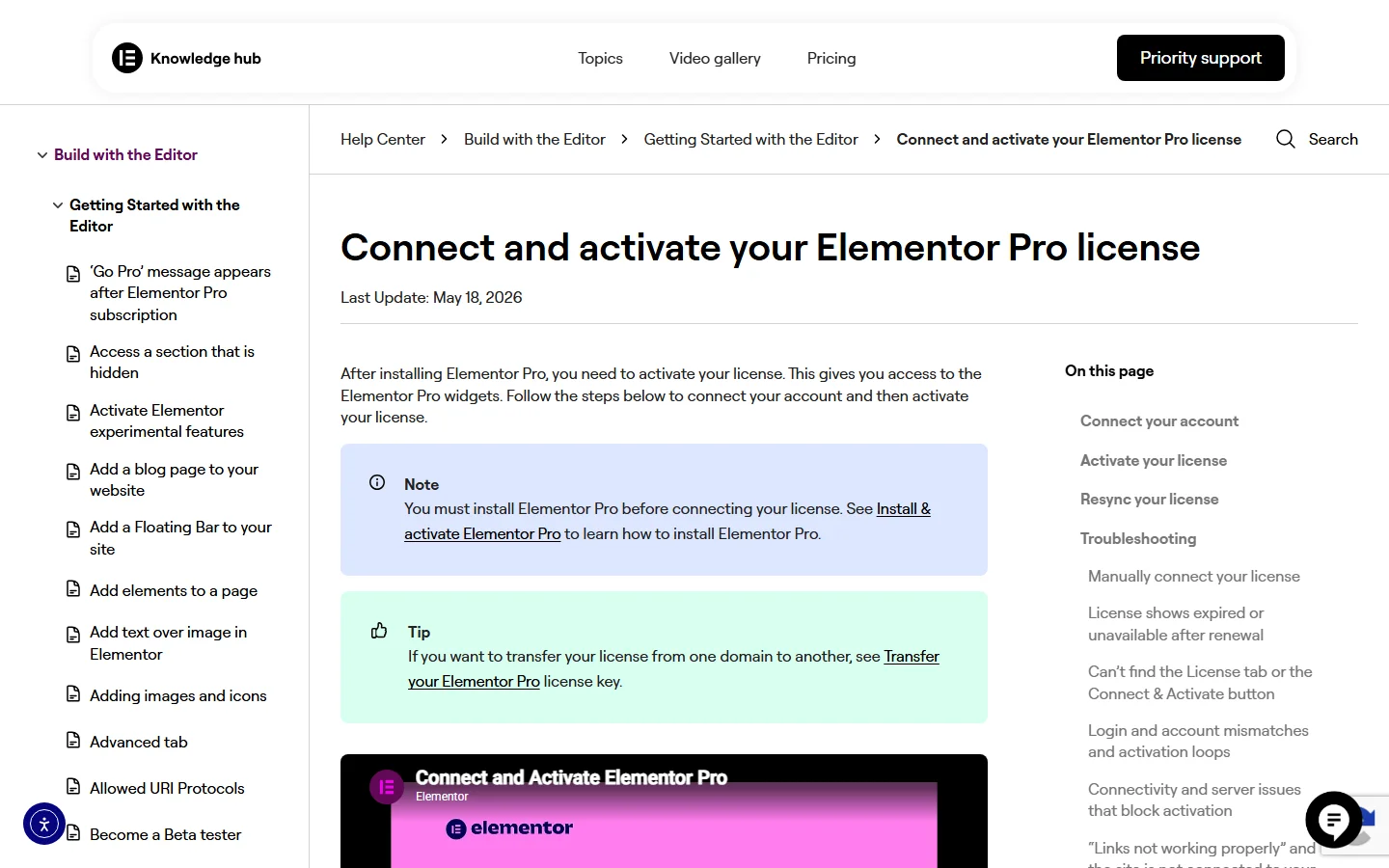 Elementor help article connect and activate your elementor pro license