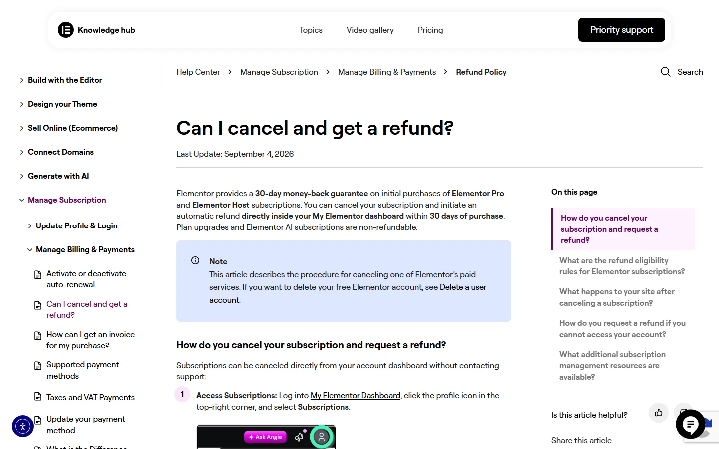 Elementor help article can i cancel and get a refund? Describing the 30-day money-back guarantee