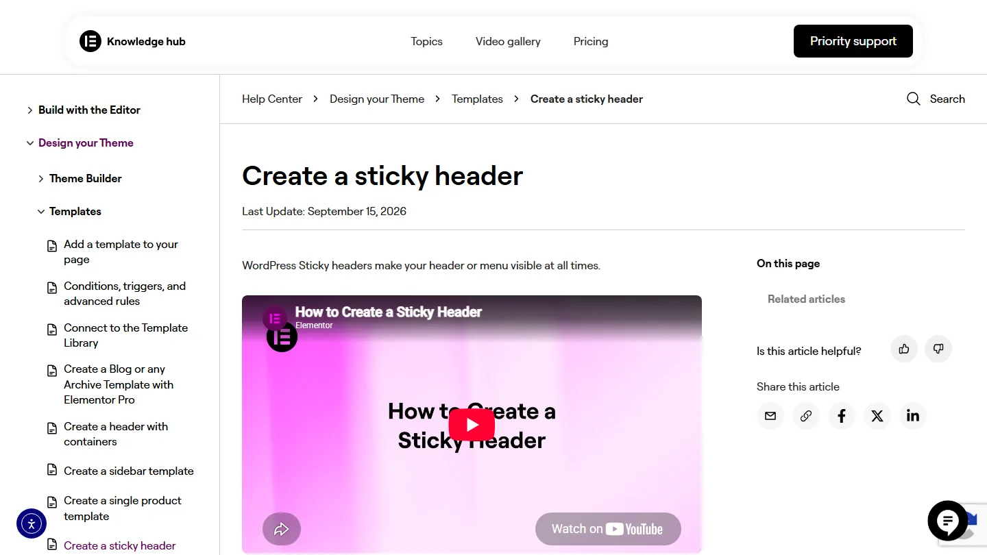 Elementor help center article on creating a sticky header with motion effects