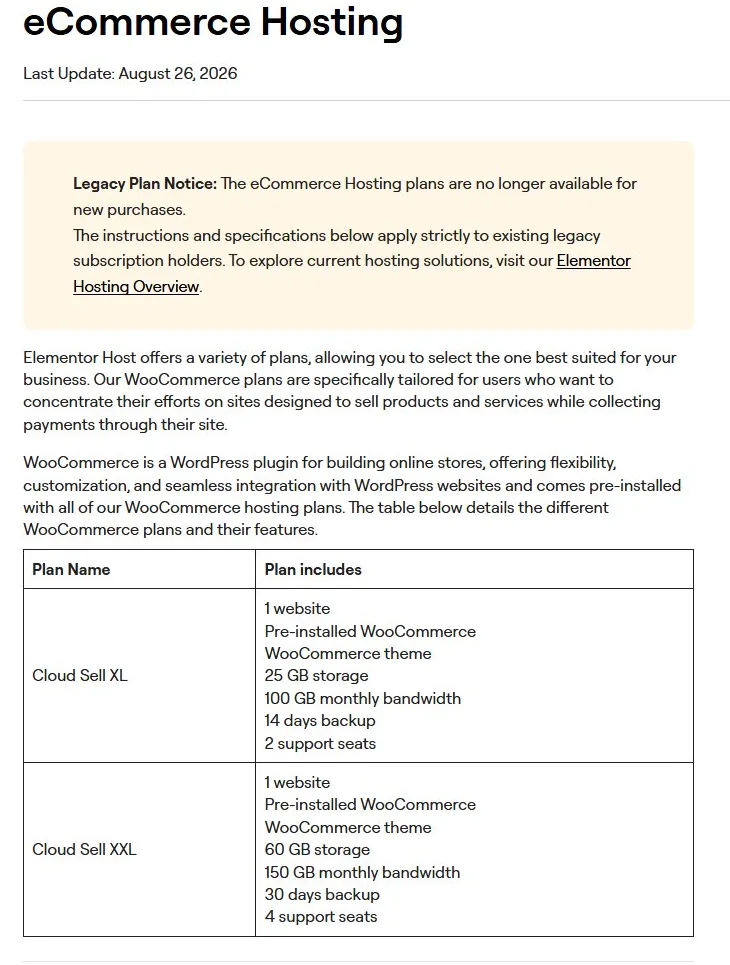 Elementor Hosting Review: Is Elementor Host Worth It, And What To Pair It With Elementor knowledge hub ecommerce hosting article with a legacy plan notice for cloud sell xl and xxl