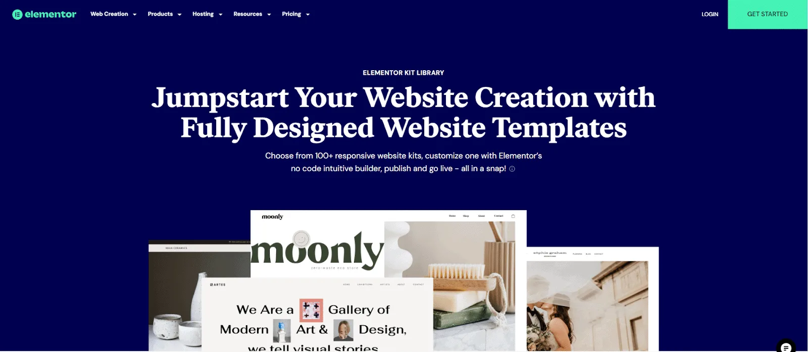 Elementor kit library page advertising 100+ responsive website kits