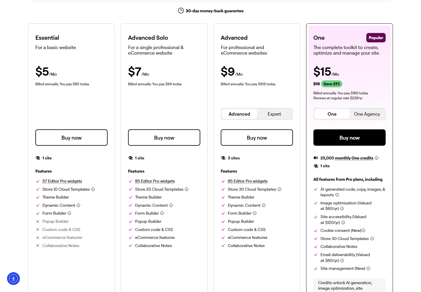 Elementor pricing page showing the essential, advanced solo, advanced and one plans with site counts and feature lists