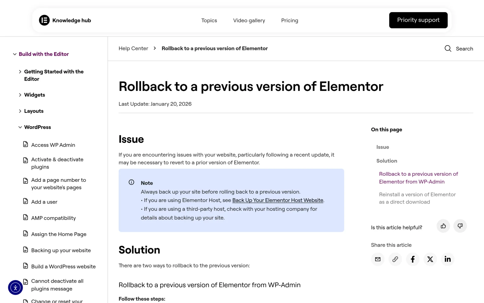WordPress Security Updates On An Elementor Site: How To Update Safely (7.1.1 To 7.1.3) Elementor help center article rollback to a previous version of elementor with backup note