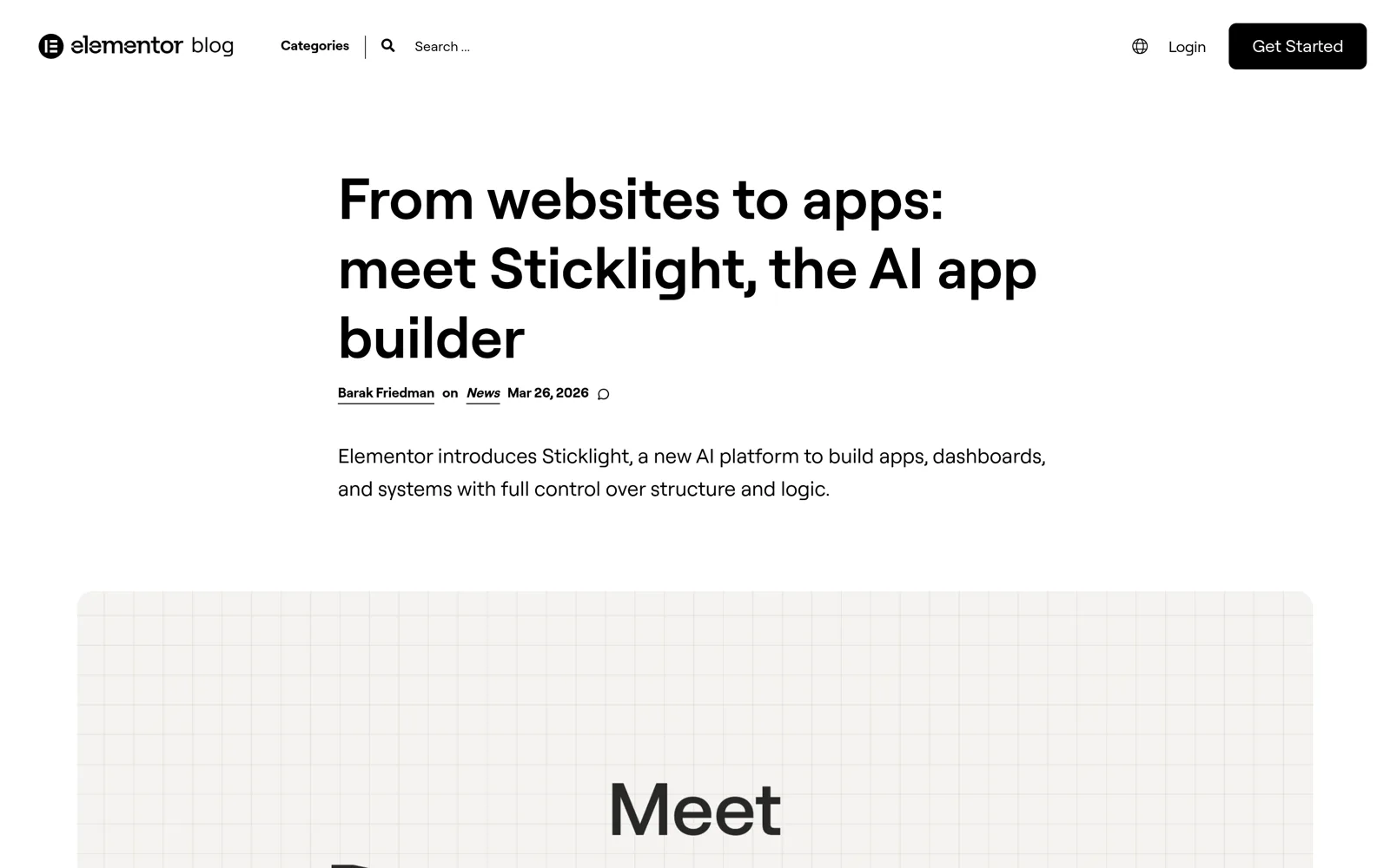 Elementor blog post announcing sticklight, the ai app builder, dated march 26, 2026