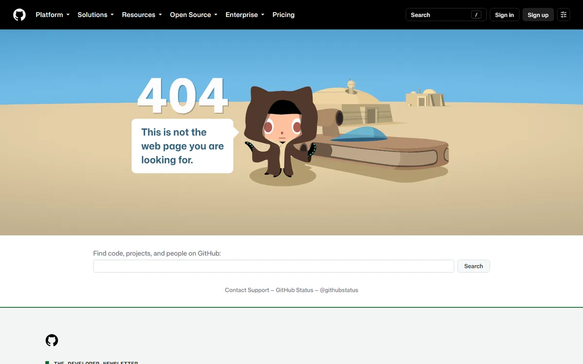 404 Page Examples: 20 Designs That Win Back Lost Visitors (And How To Build One In Elementor) Github 404 page with the octocat in a desert scene and a code search bar below