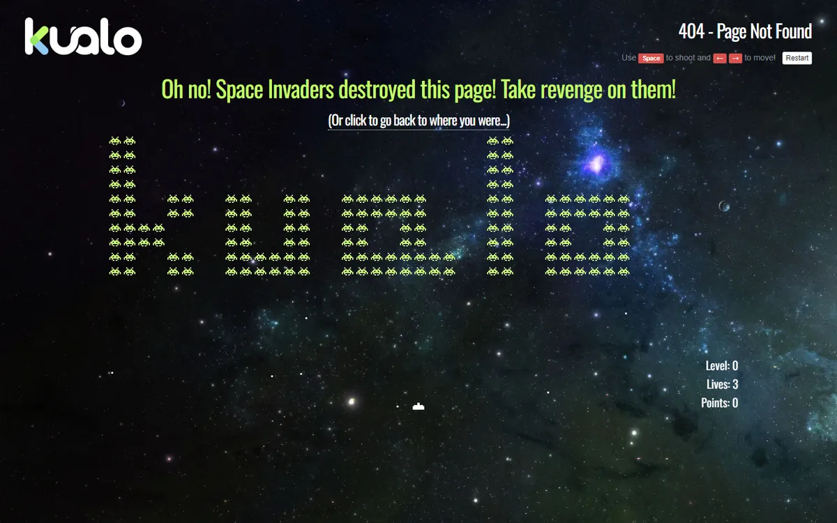 404 Page Examples: 20 Designs That Win Back Lost Visitors (And How To Build One In Elementor) Kualo 404 page that turns the error into a playable space invaders game