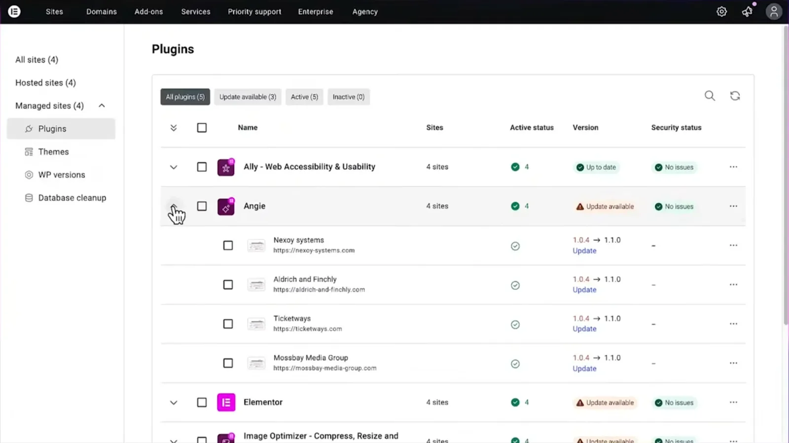 WordPress Security Updates On An Elementor Site: How To Update Safely (7.1.1 To 7.1.3) Elementor manage plugins view showing version and security status for each managed site
