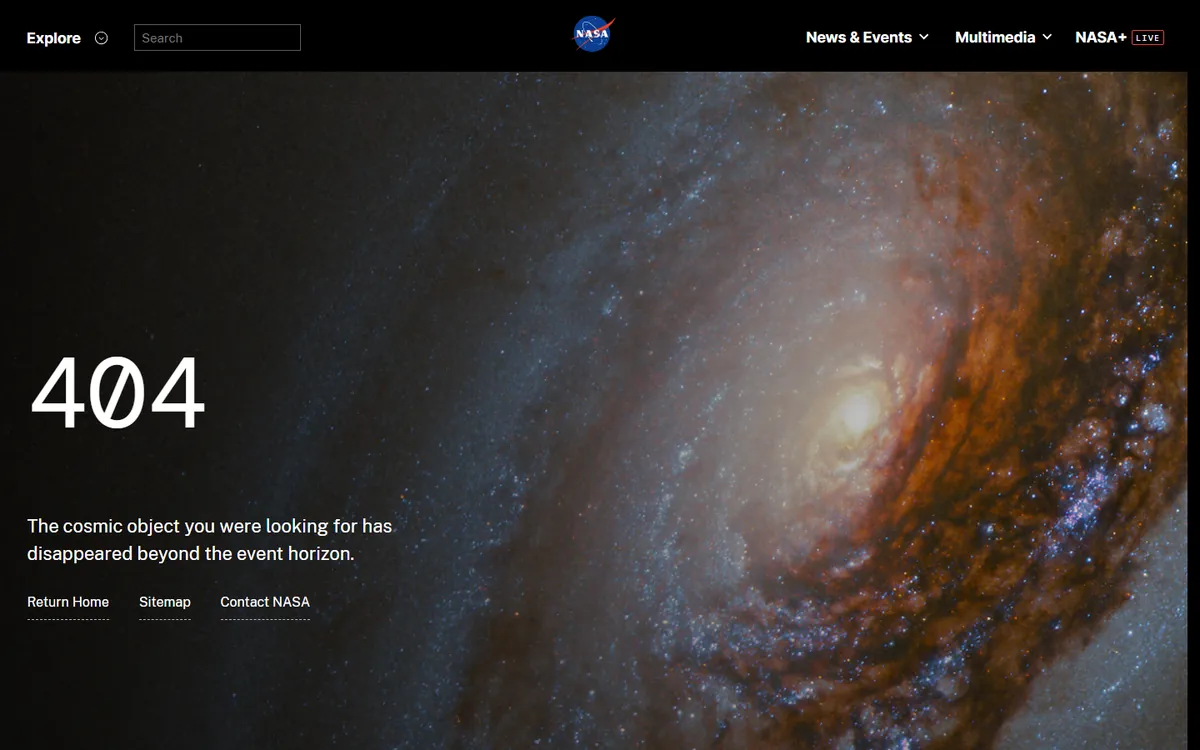 404 Page Examples: 20 Designs That Win Back Lost Visitors (And How To Build One In Elementor) Nasa 404 page with a full-screen galaxy photo and links to return home, sitemap and contact nasa