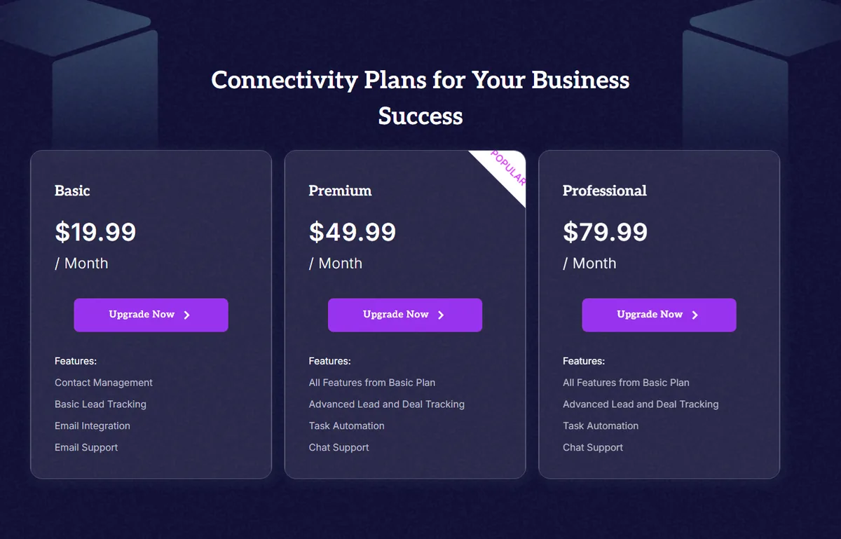How to Add a Pricing Table in Elementor (Free Widget, What Needs Pro) Dark blue pricing section with three plan cards and a popular corner tag on the middle premium plan
