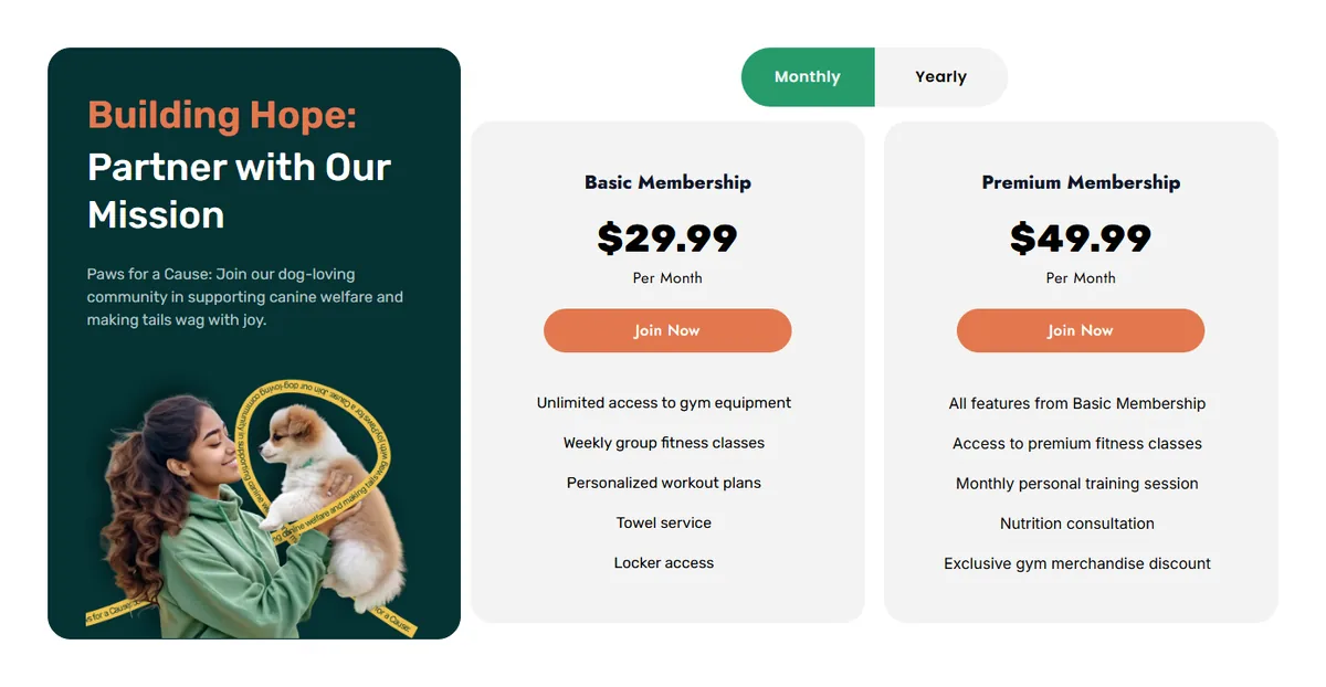 Monthly and yearly toggle above two membership pricing cards built with the plus addons for elementor