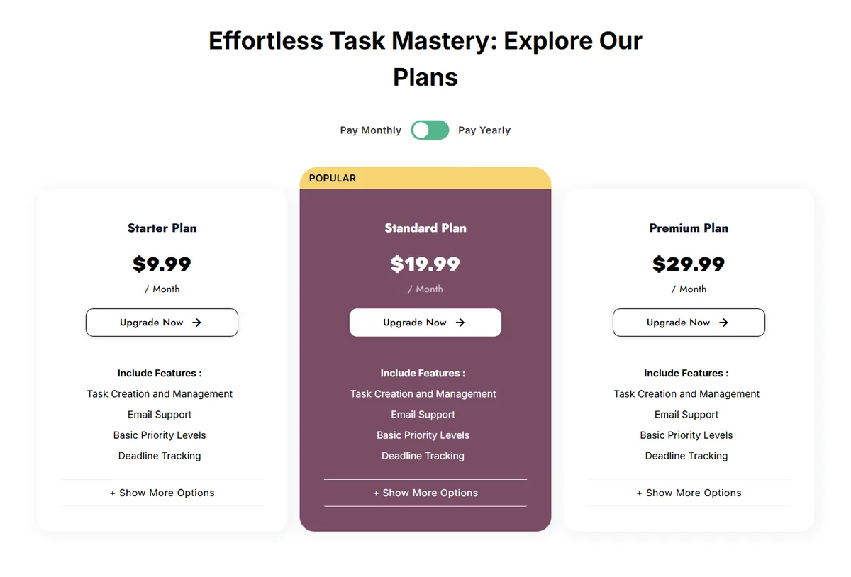 How to Add a Pricing Table in Elementor (Free Widget, What Needs Pro) Pricing table widget demo with three plan cards, a popular ribbon on the middle card, show more options links and a monthly/yearly toggle