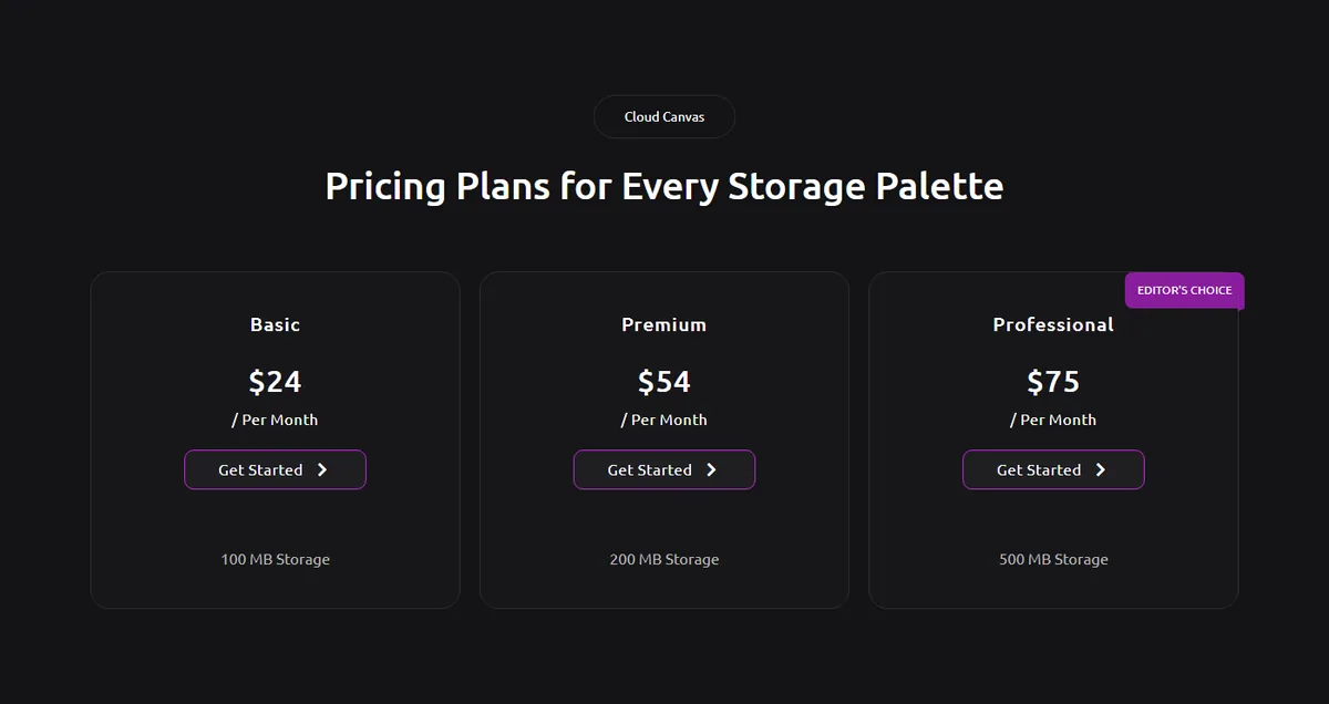 How to Add a Pricing Table in Elementor (Free Widget, What Needs Pro) Dark pricing section with three plan cards and an editor's choice ribbon on the professional plan