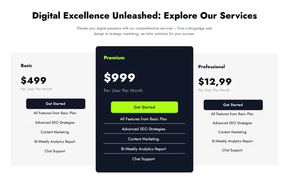 How to Add a Pricing Table in Elementor (Free Widget, What Needs Pro) Three pricing cards where the middle premium card is enlarged and dark to stand out from its neighbours