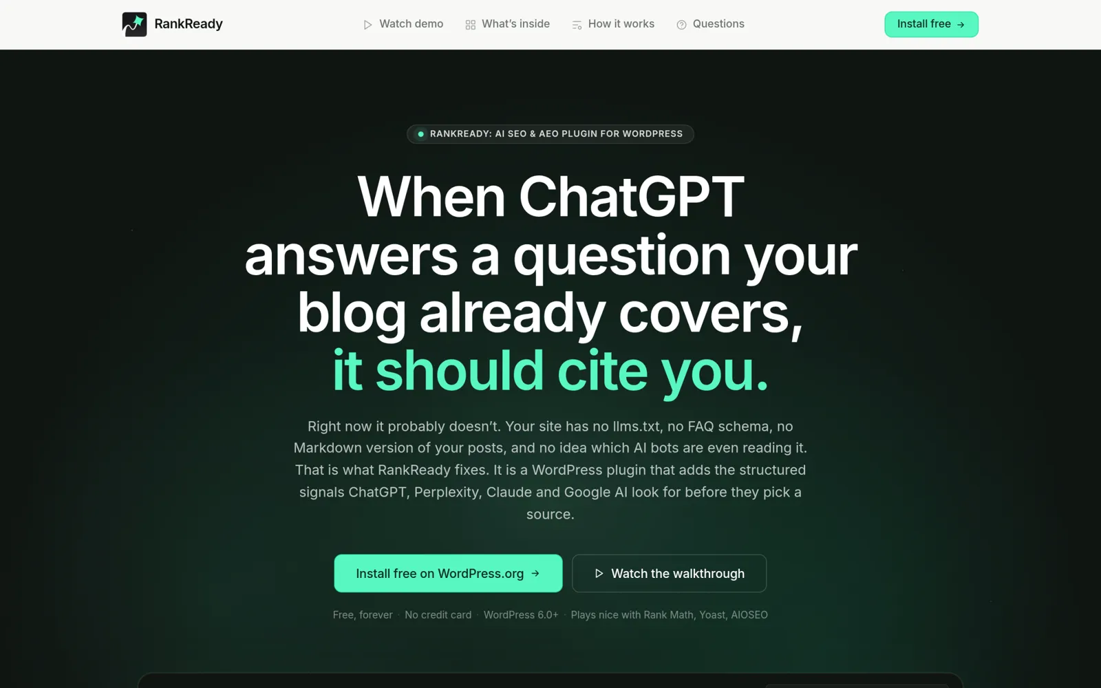 Rankready free wordpress plugin store page for preparing ai-written content for ai search citations
