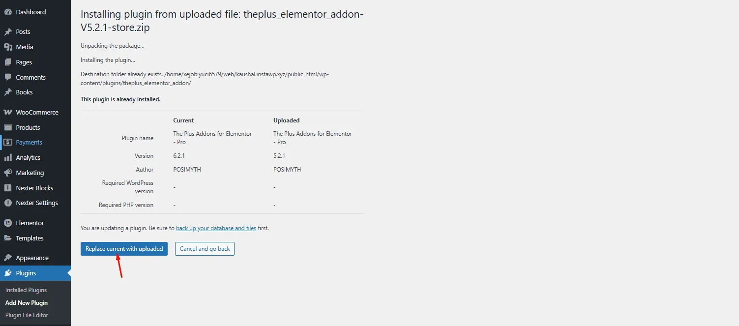 WordPress Security Updates On An Elementor Site: How To Update Safely (7.1.1 To 7.1.3) Wordpress plugin upload screen asking to replace the current plugin version with the uploaded zip