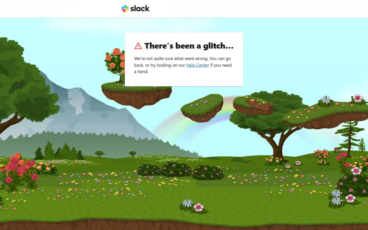 404 Page Examples: 20 Designs That Win Back Lost Visitors (And How To Build One In Elementor) Slack 404 page with an illustrated landscape and a there has been a glitch message linking to the help center