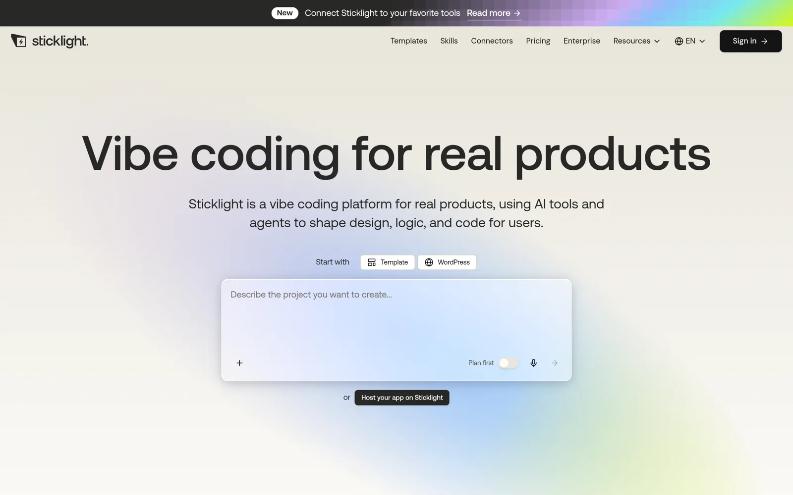 Sticklight homepage with the vibe coding for real products headline and prompt box