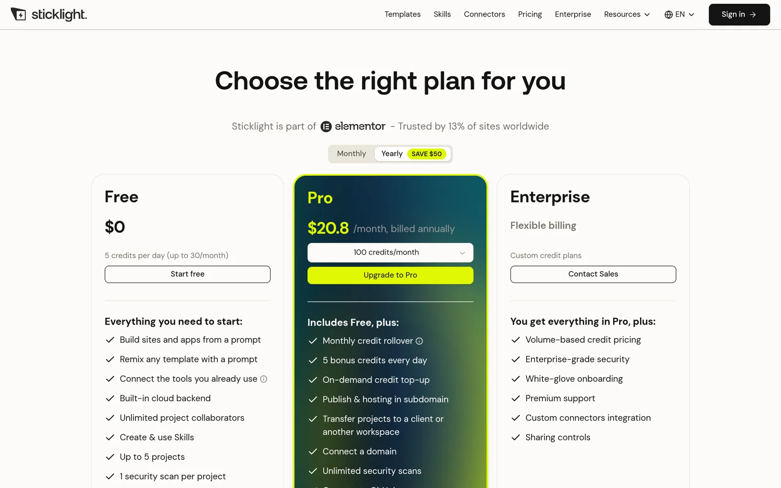 Sticklight pricing page showing free, pro and enterprise plans