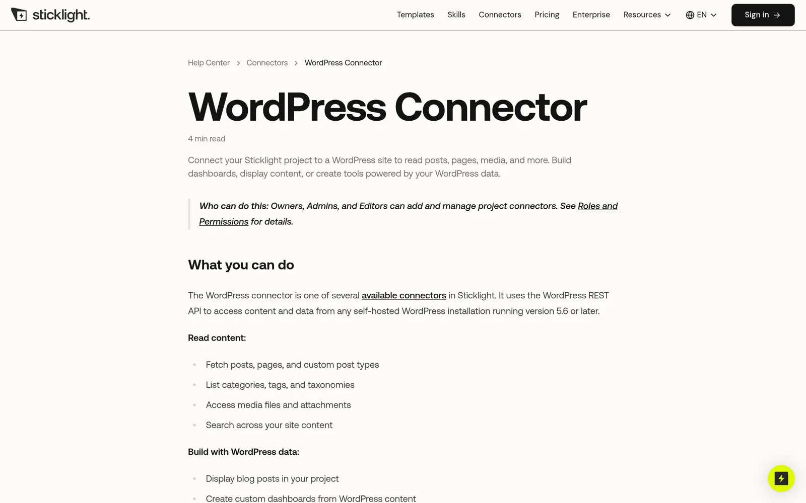 Sticklight help center article for the wordpress connector