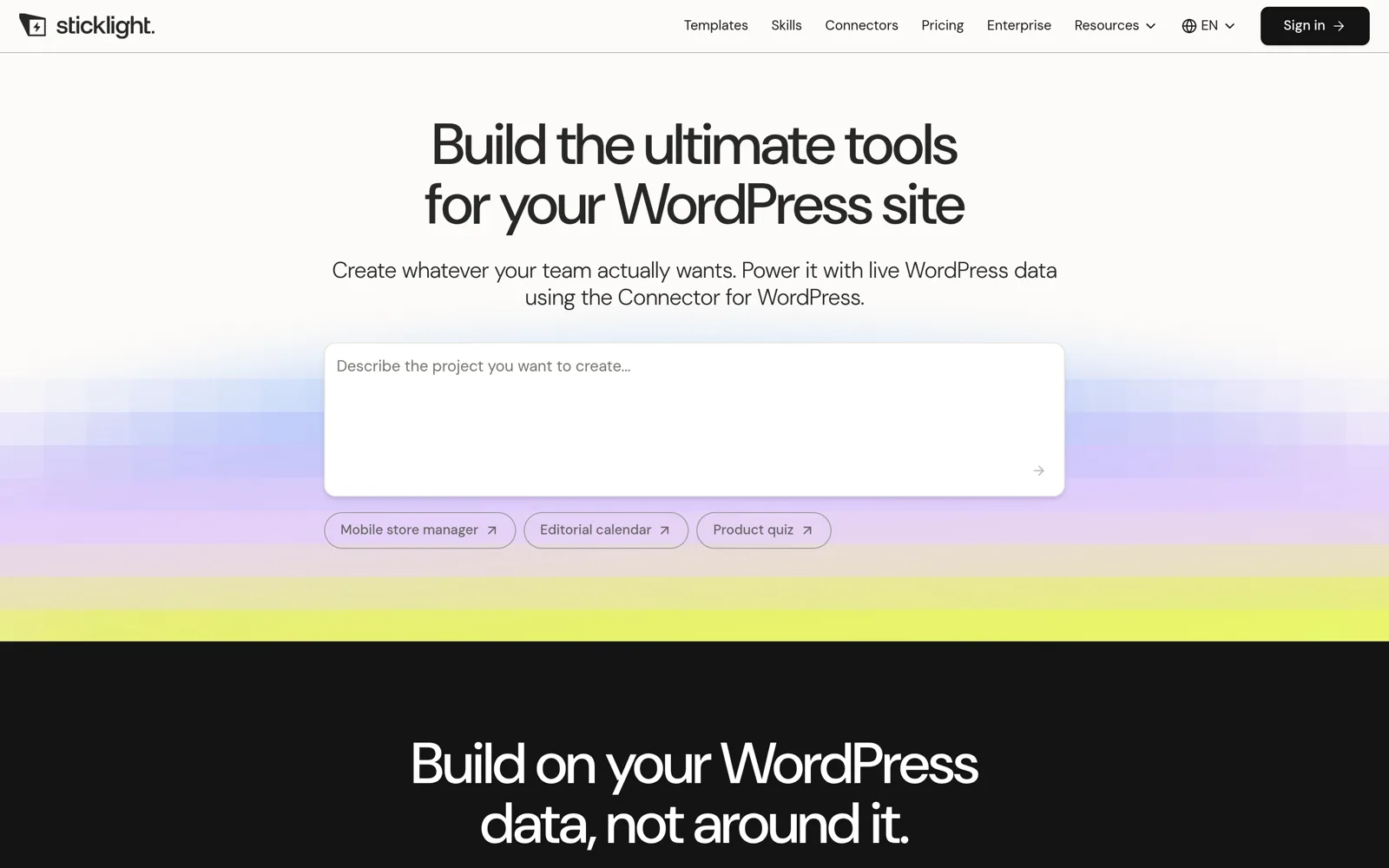 Sticklight page titled build the ultimate tools for your wordpress site