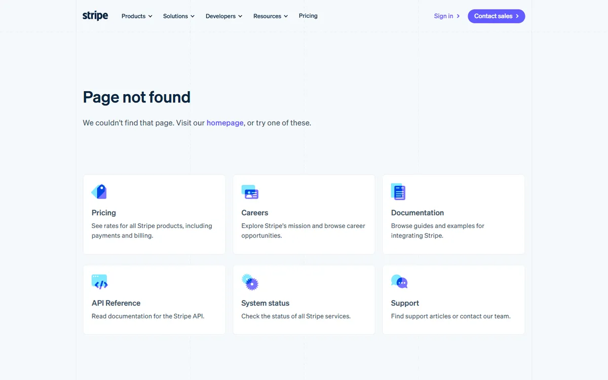 404 Page Examples: 20 Designs That Win Back Lost Visitors (And How To Build One In Elementor) Stripe 404 page with six link cards for pricing, careers, documentation, api reference, system status and support